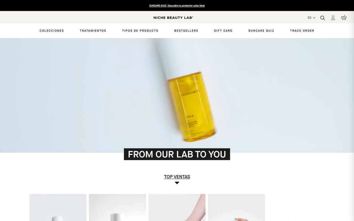 Captura limpia of the parte top of the home official of Niche Beauty Lab
