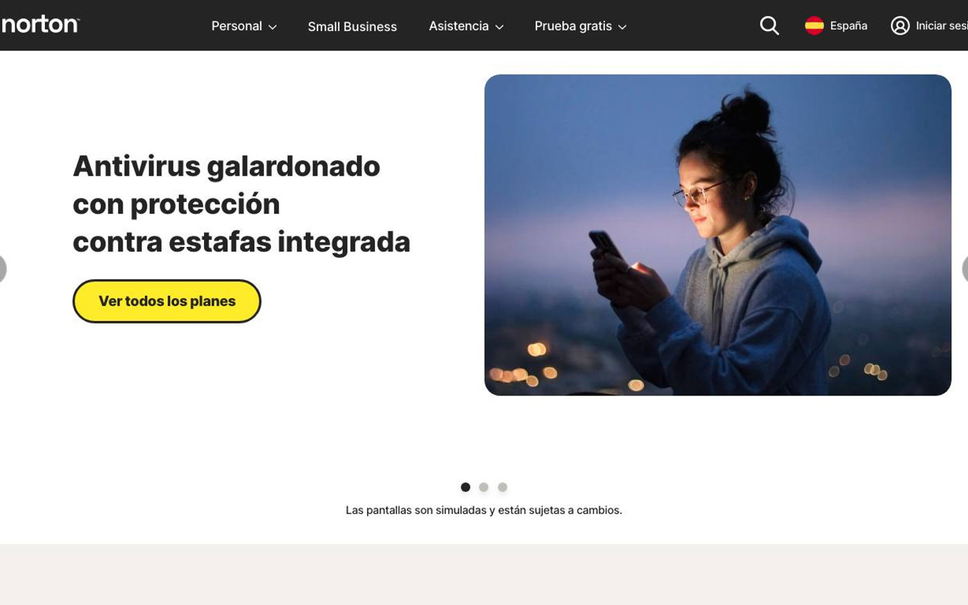 Captura limpia de la home oficial de Norton