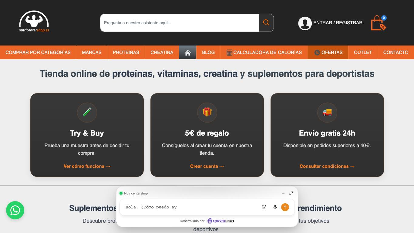 Captura de pantalla de la home de NutricenterShop