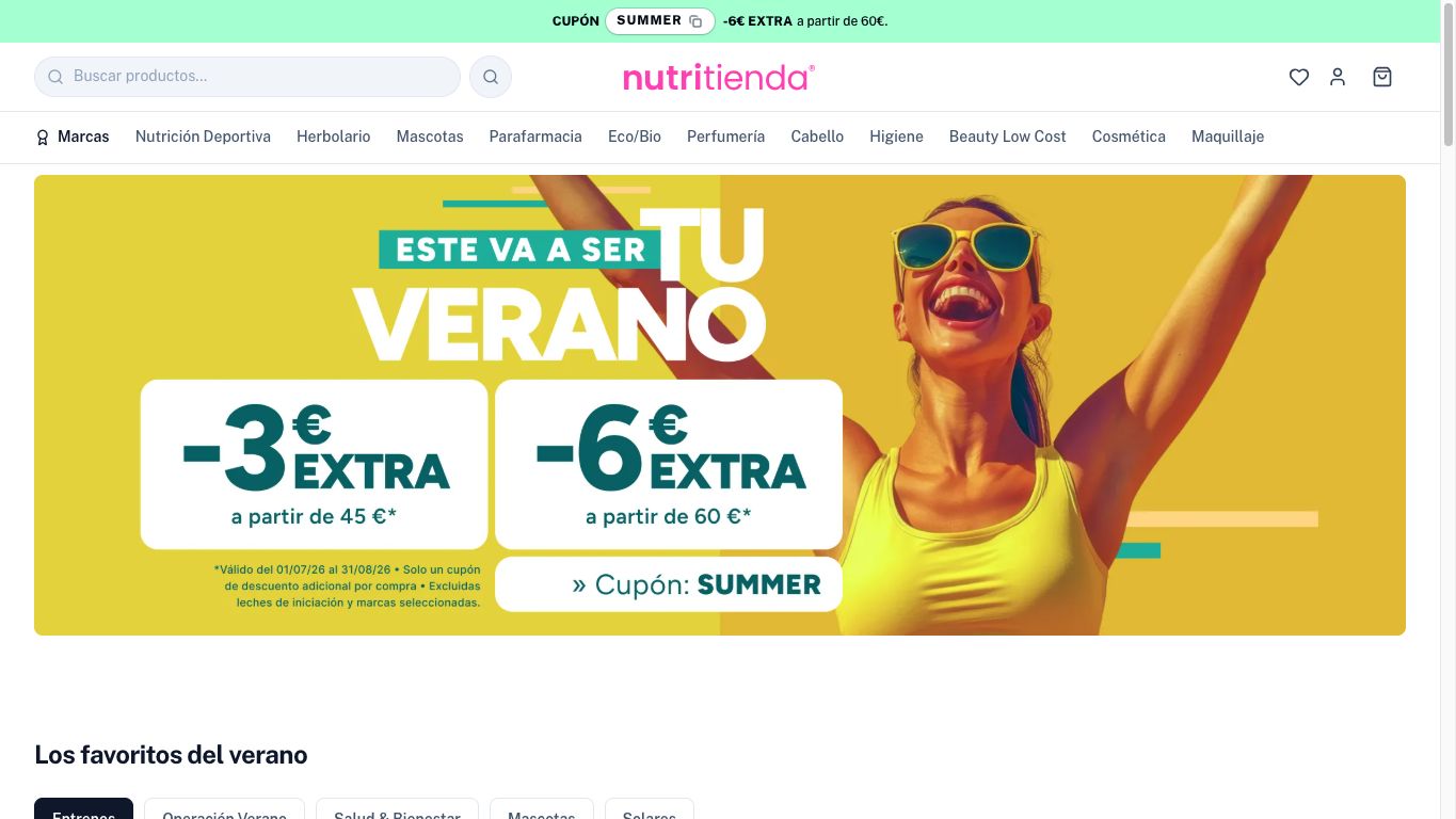 Captura real de la home de Nutritienda