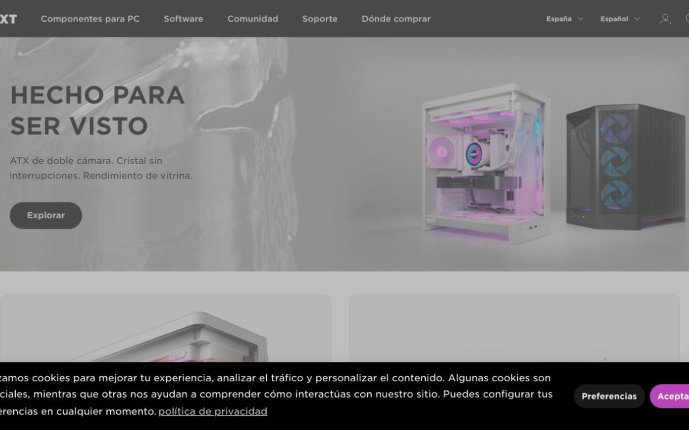 Captura de pantalla de la home de NZXT