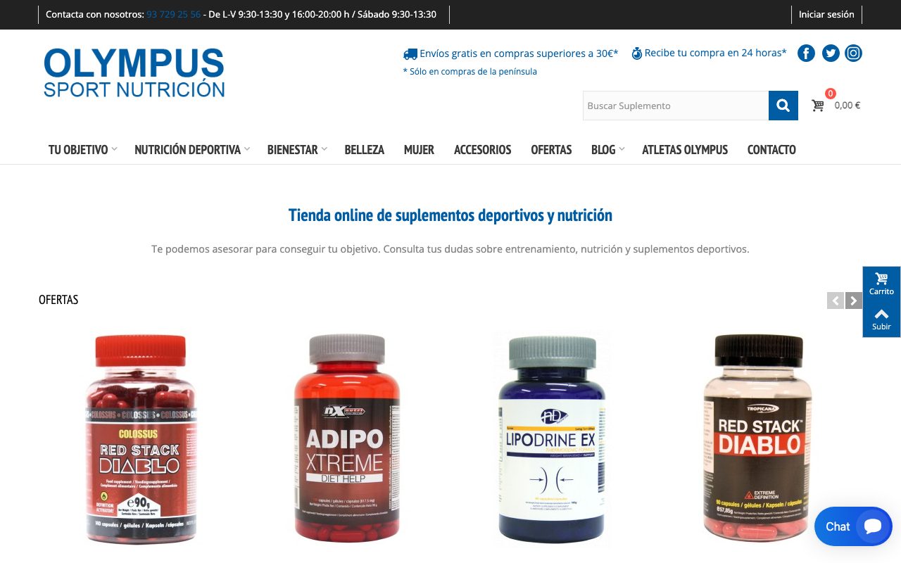 Captura de pantalla de la home de Olympus Sport Nutrición