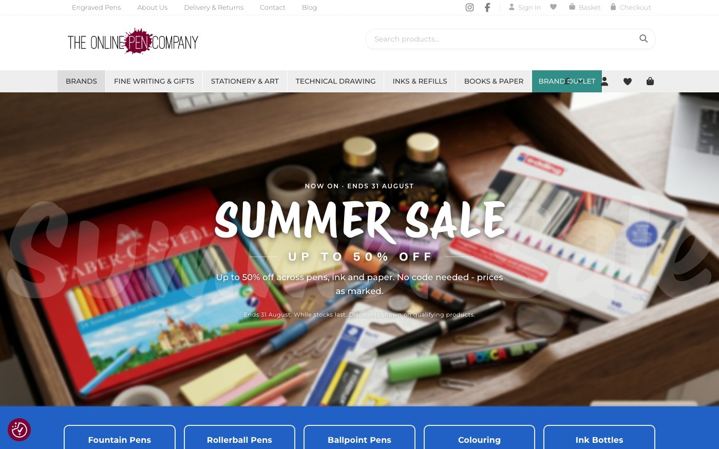 Captura de pantalla de la home de The Online Pen Company