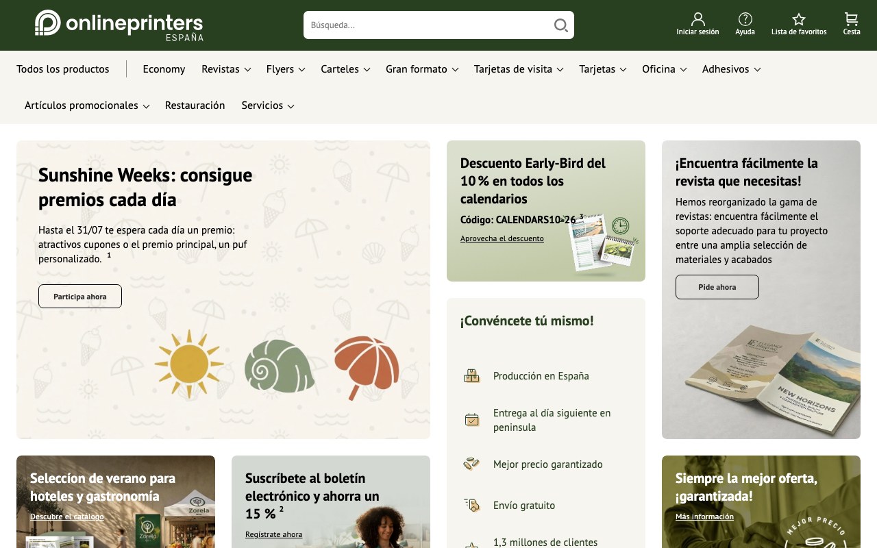Captura de pantalla de la home de Onlineprinters