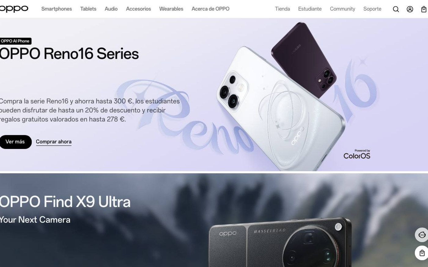 Captura limpia de la home oficial de OPPO