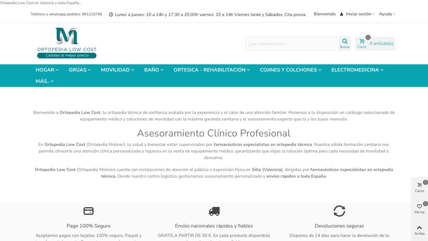 Captura de pantalla de la home de Ortopedia Low Cost