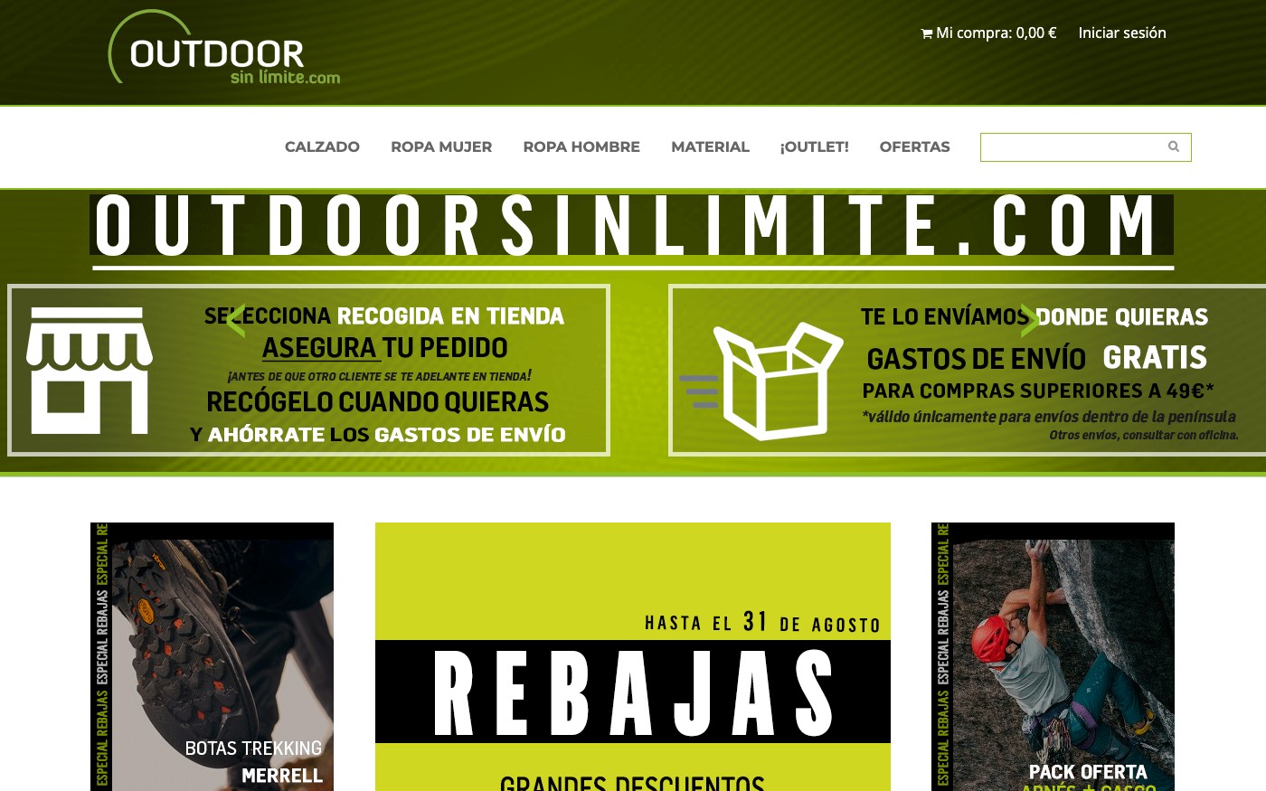 Captura limpia de la home oficial de Outdoors in Limite