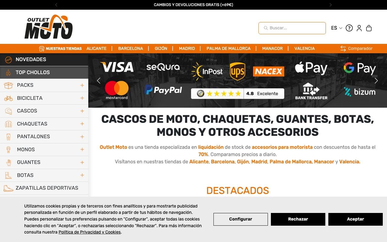 Captura de pantalla de la home de Outlet Moto