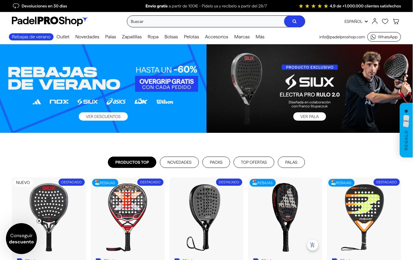Captura de pantalla de la home de Padel Pro Shop