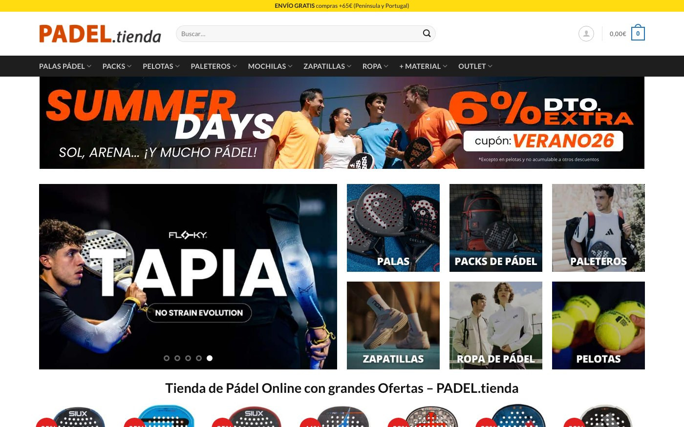 Captura de pantalla de la home de Padel.Tienda