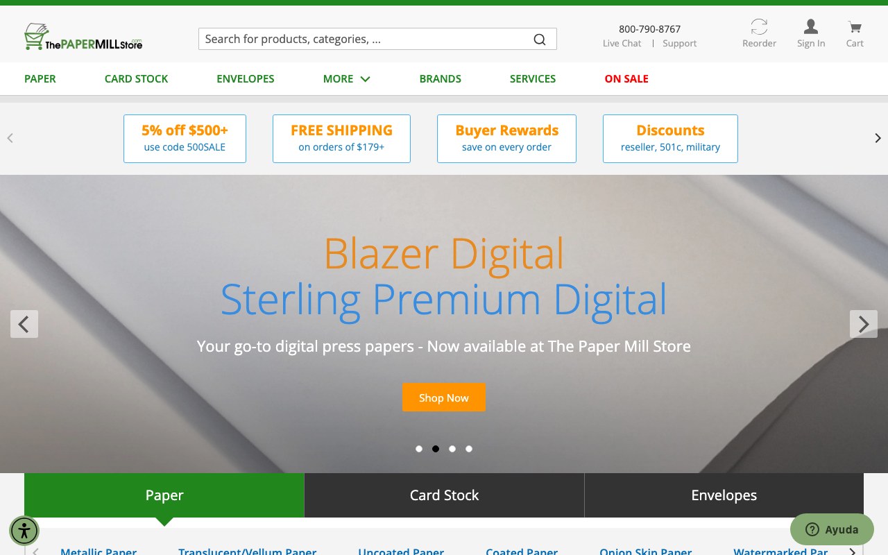 Captura de pantalla de la home de The Paper Mill Store