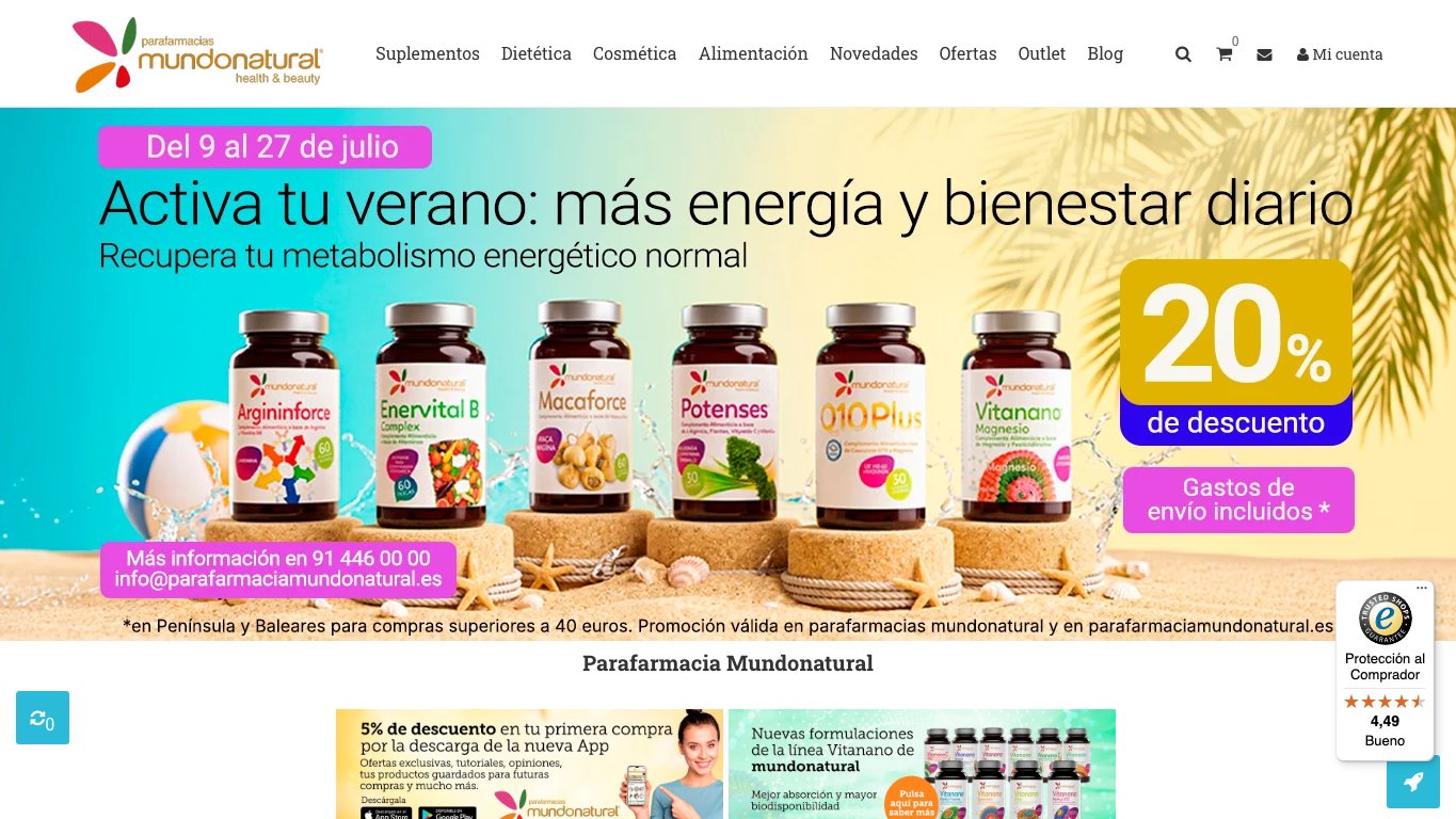 Captura de pantalla de la home de Parafarmacia MundoNatural