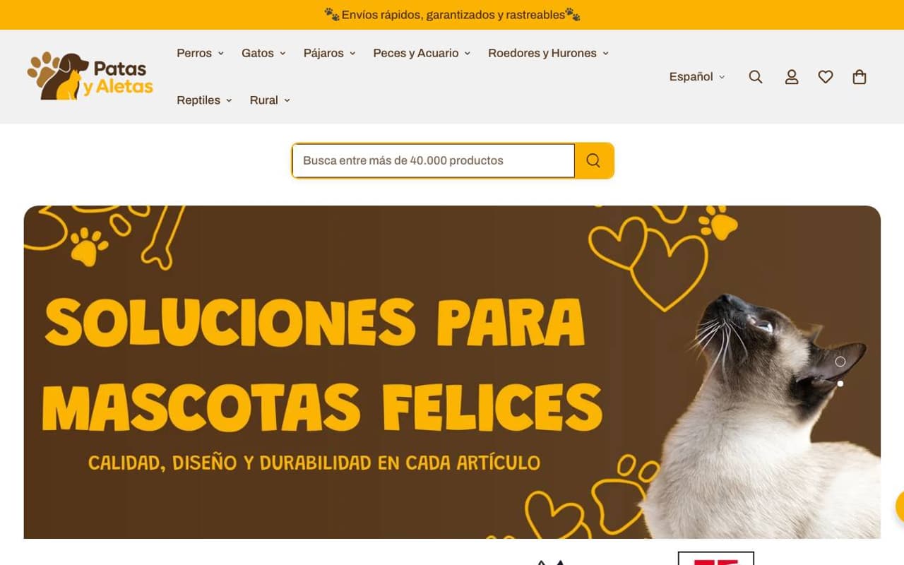Captura de pantalla de la home de Patas y Aletas