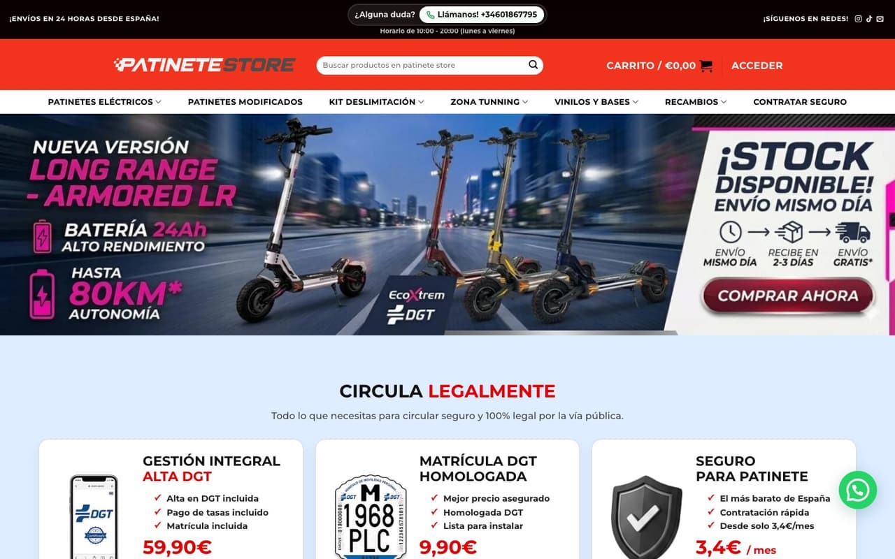 Captura limpia de la home oficial de Patinete Store