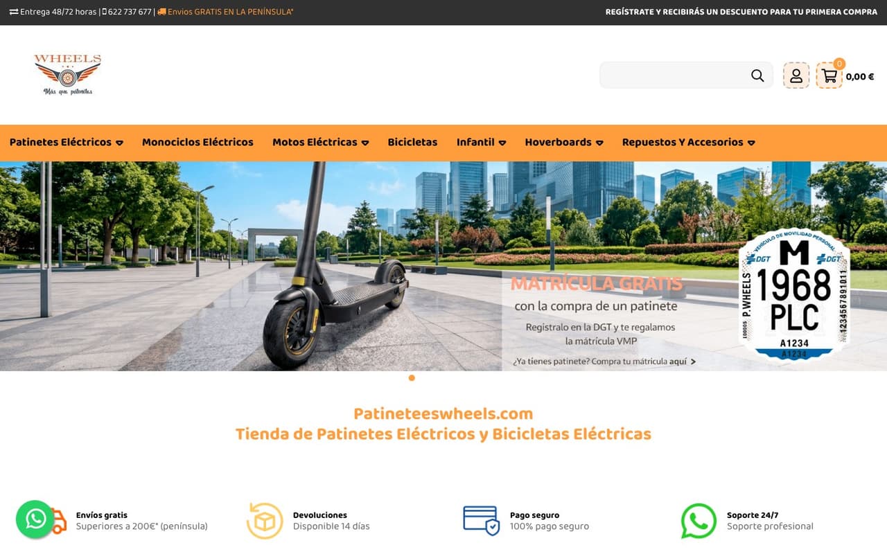 Captura limpia de la home oficial de Patinetes Wheels