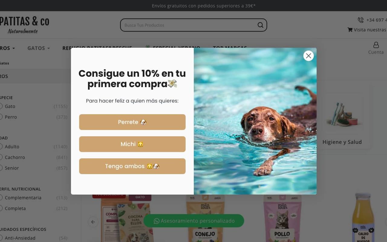 Captura de pantalla de la home de Patitas&co