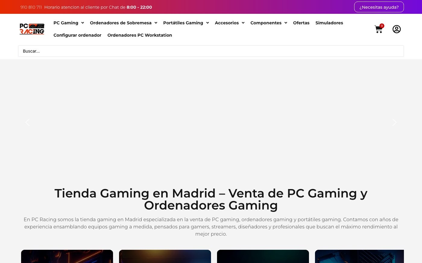 Captura de pantalla de la home de PCRacing