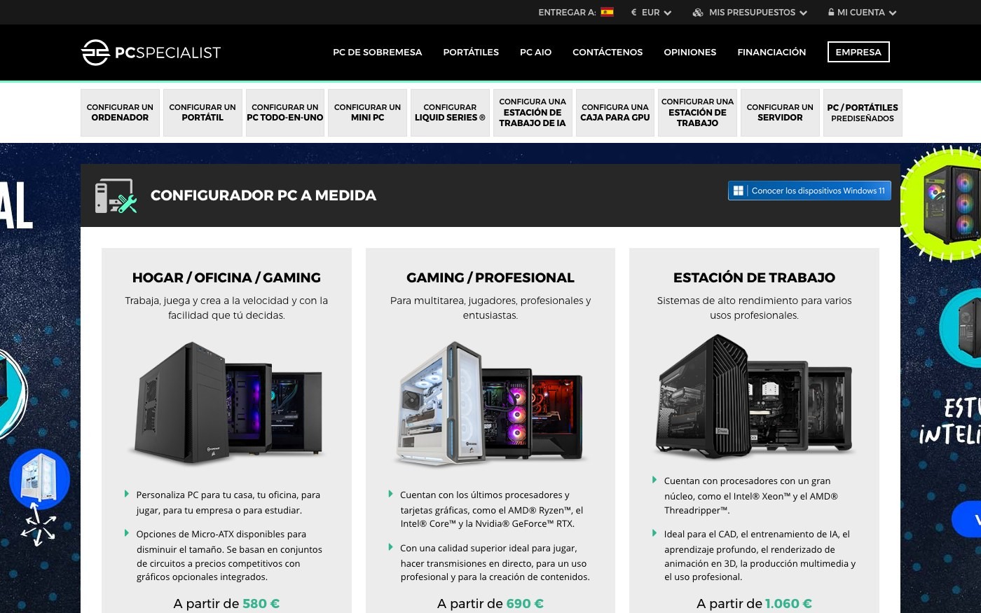 Captura limpia de la home oficial de PCSpecialist
