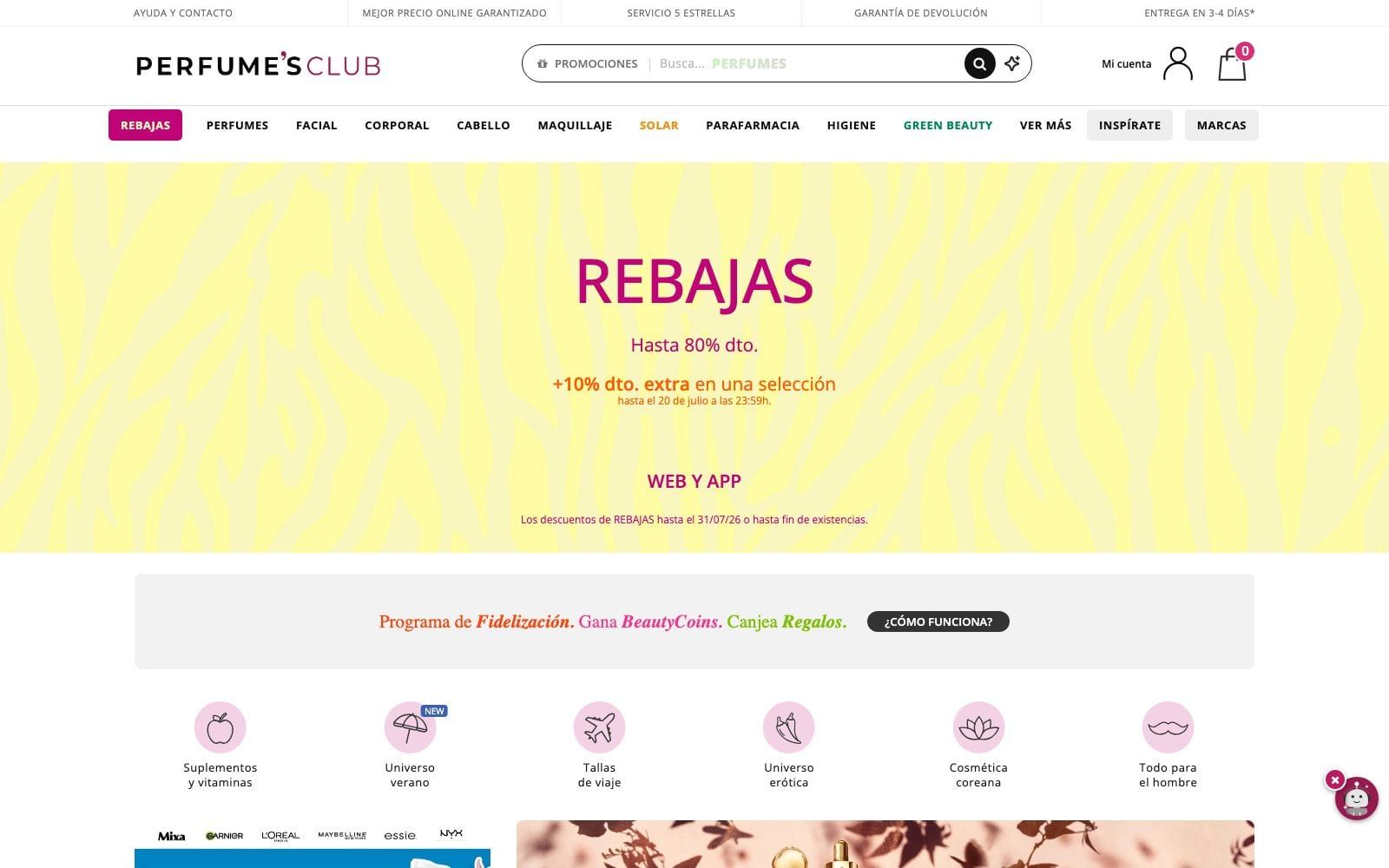 Captura real de la home de Perfume's Club