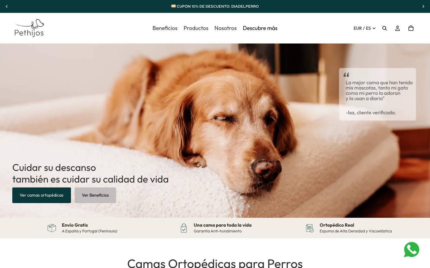 Captura de pantalla de la home de Pethijos