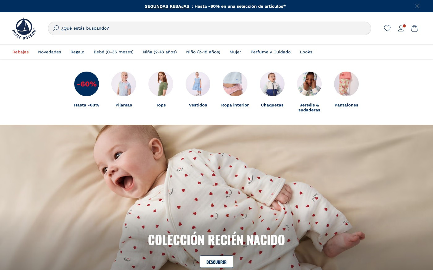 Captura de pantalla de la home de Petit Bateau