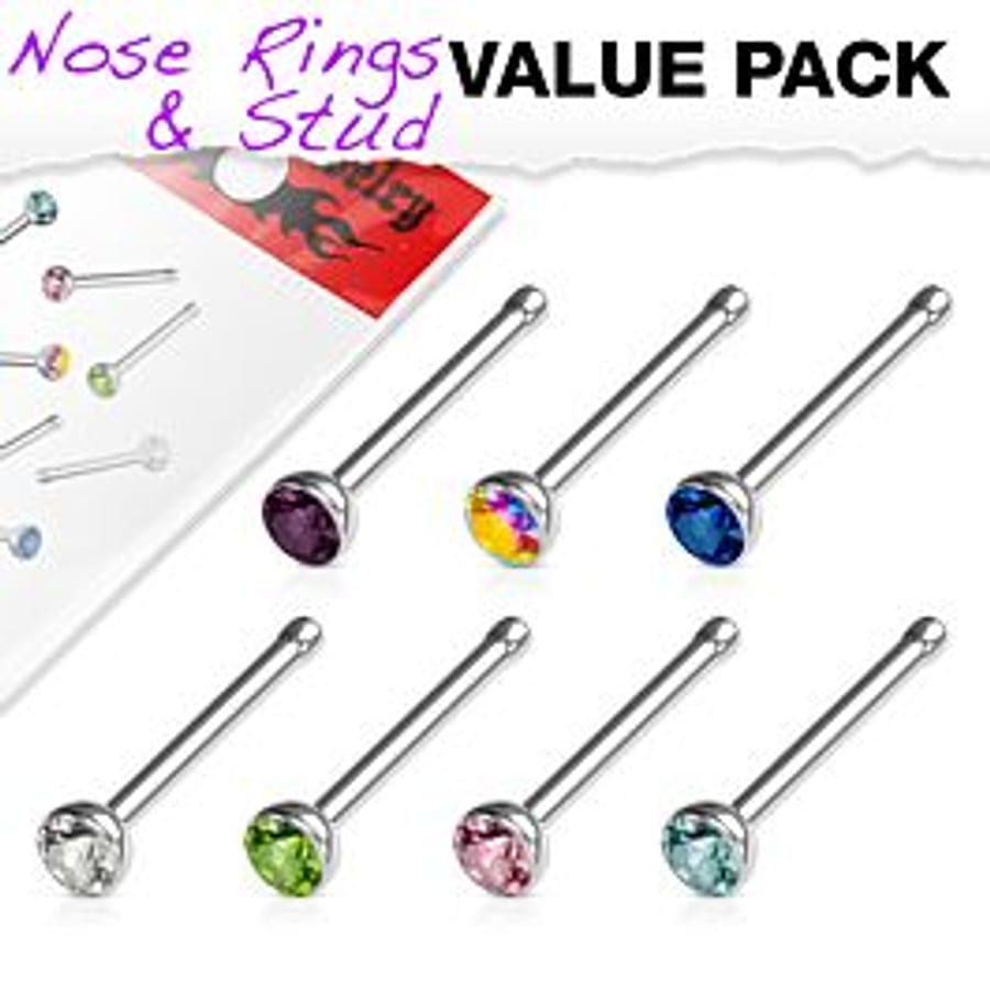 Set of 7 nose piercings with coloured crystal