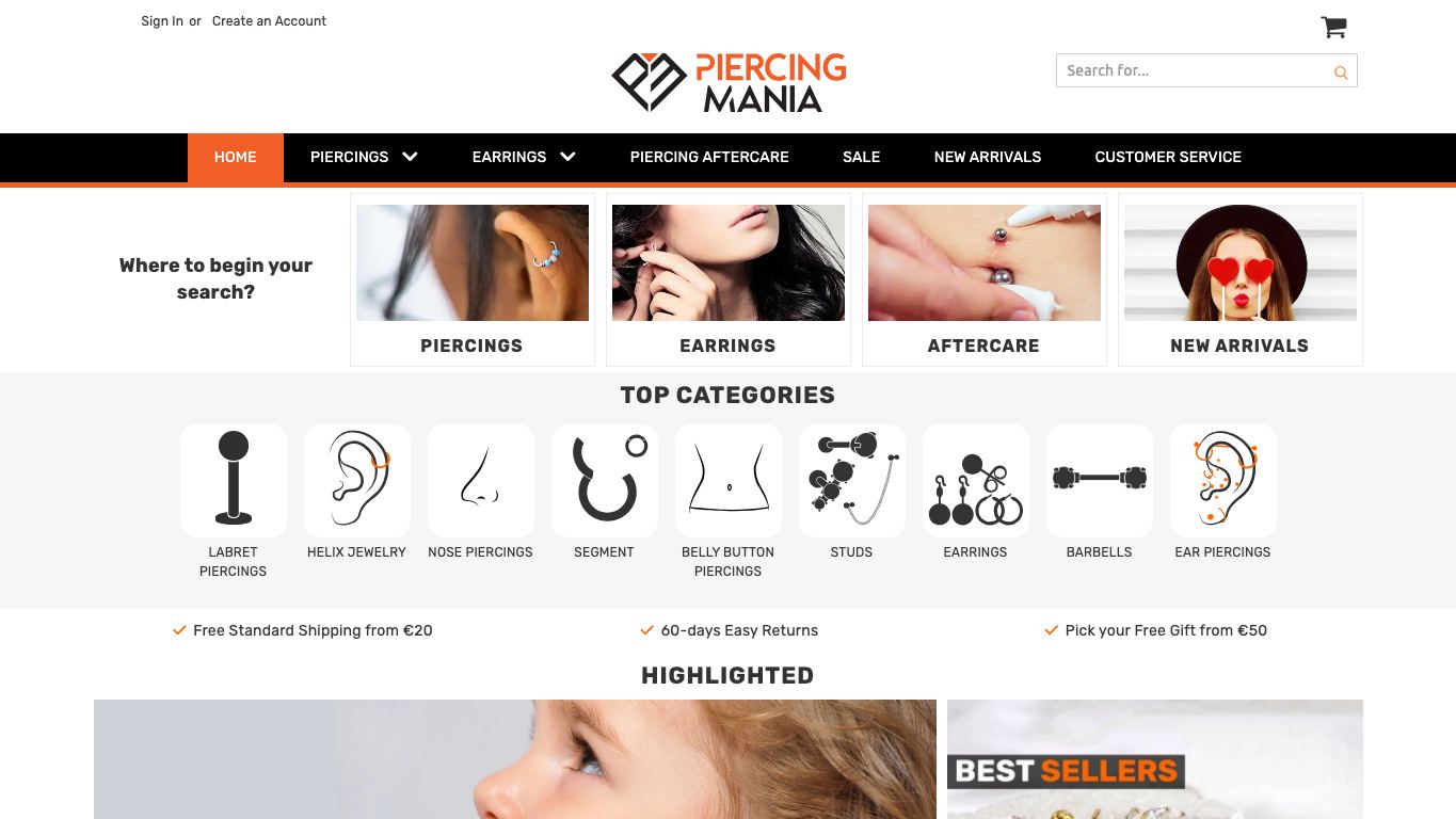 Captura real de la home de Piercing Mania