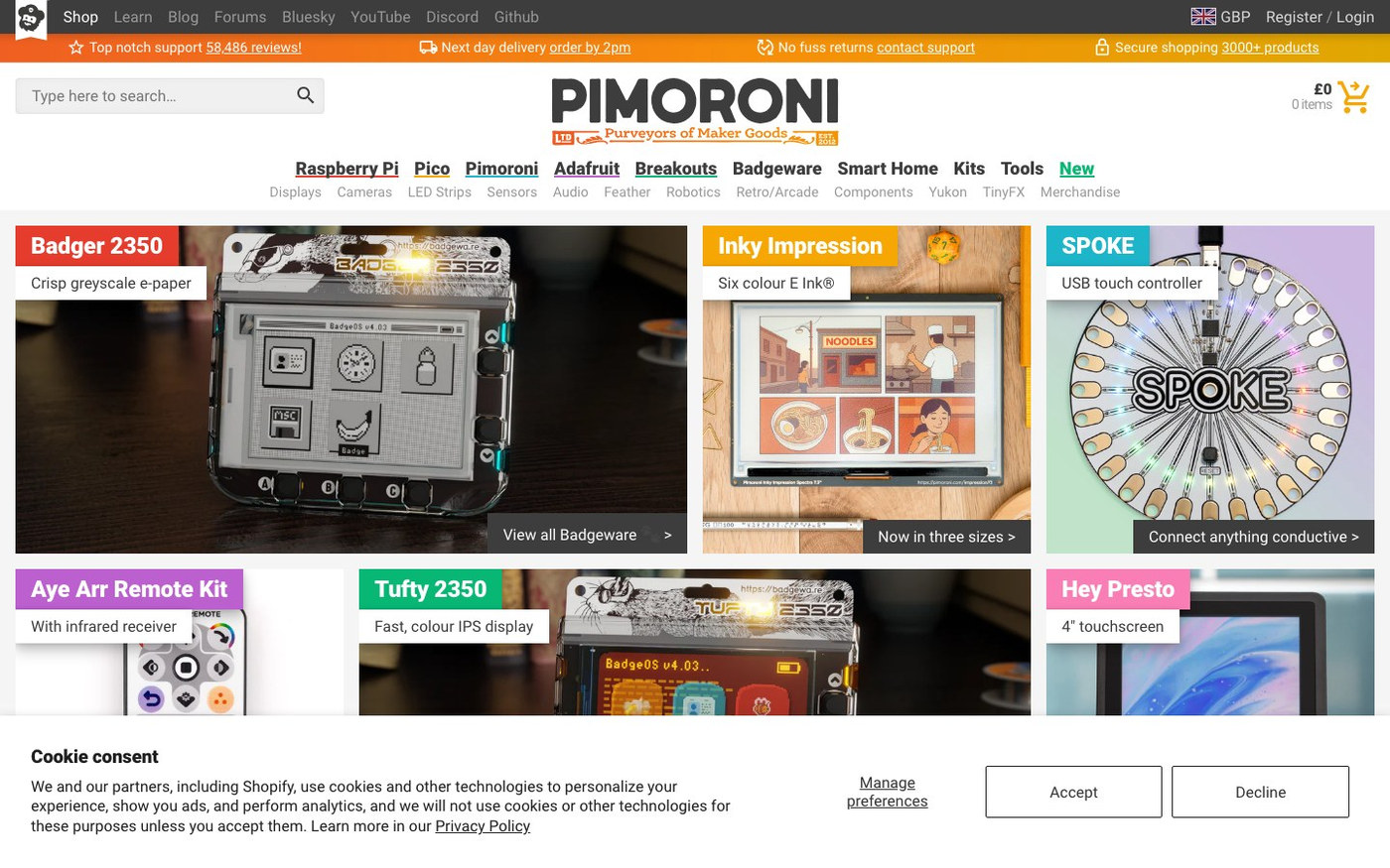 Captura limpia de la home oficial de Pimoroni