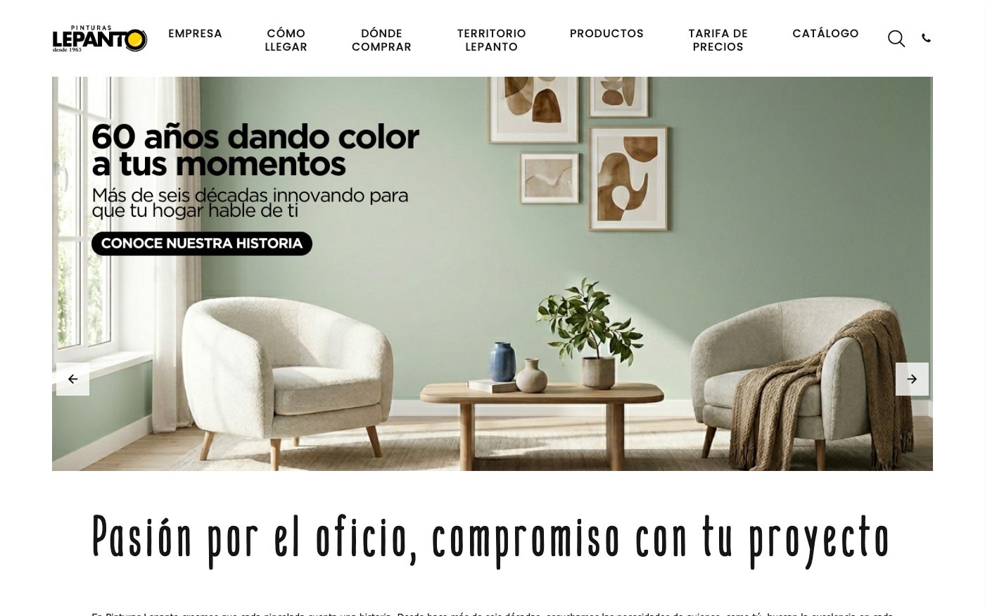 Captura de pantalla de la home de Pinturas Lepanto