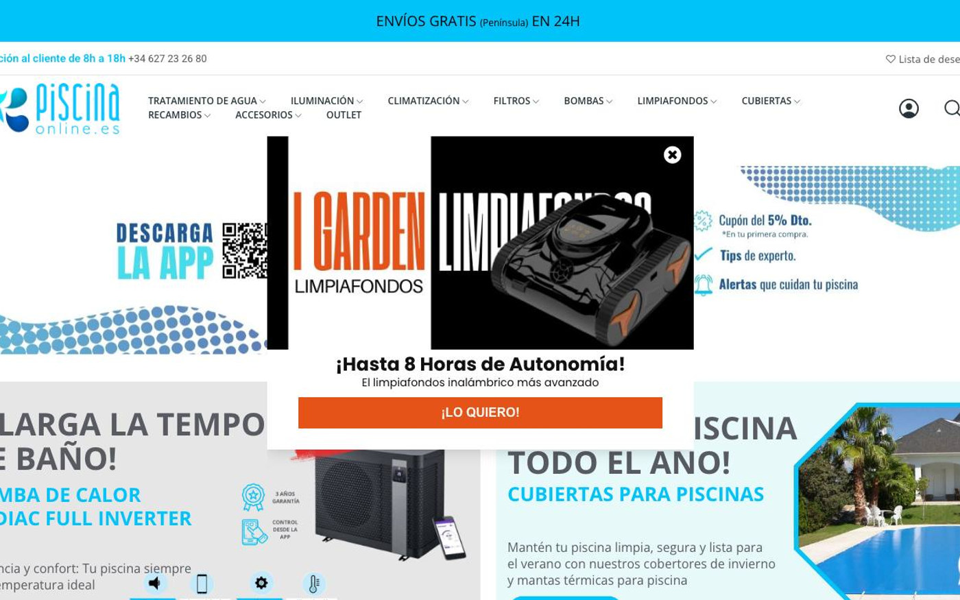 Captura de pantalla de la home de PiscinaOnline