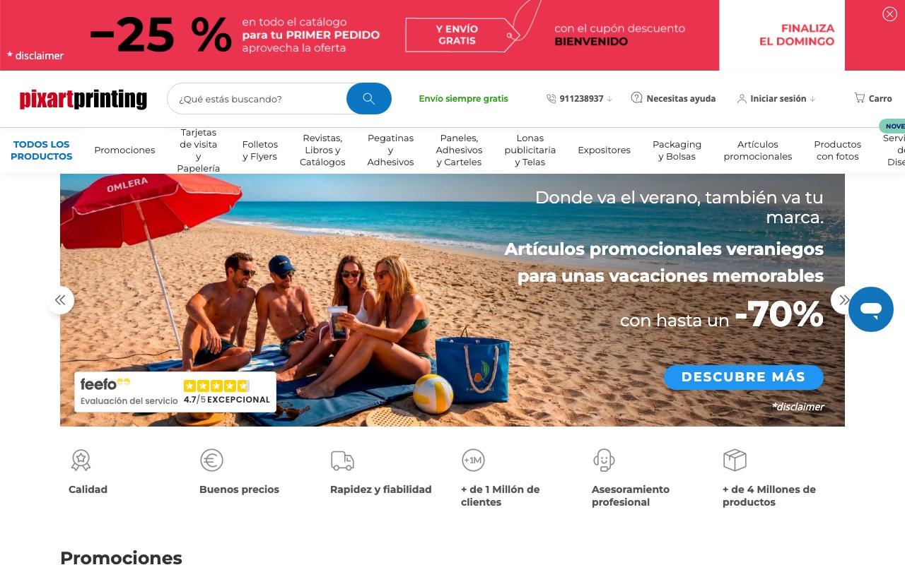 Captura de pantalla de la home de Pixartprinting