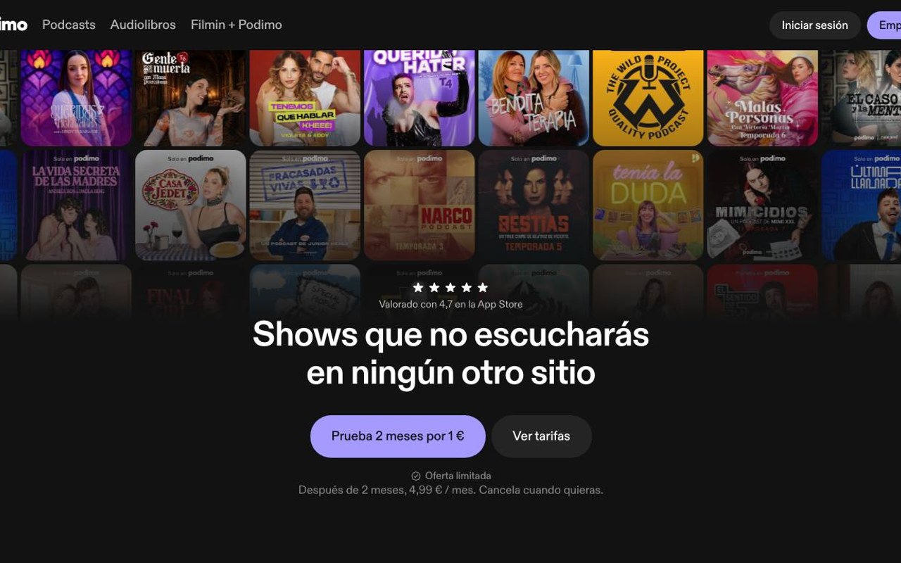 Captura de pantalla de la home de Podimo