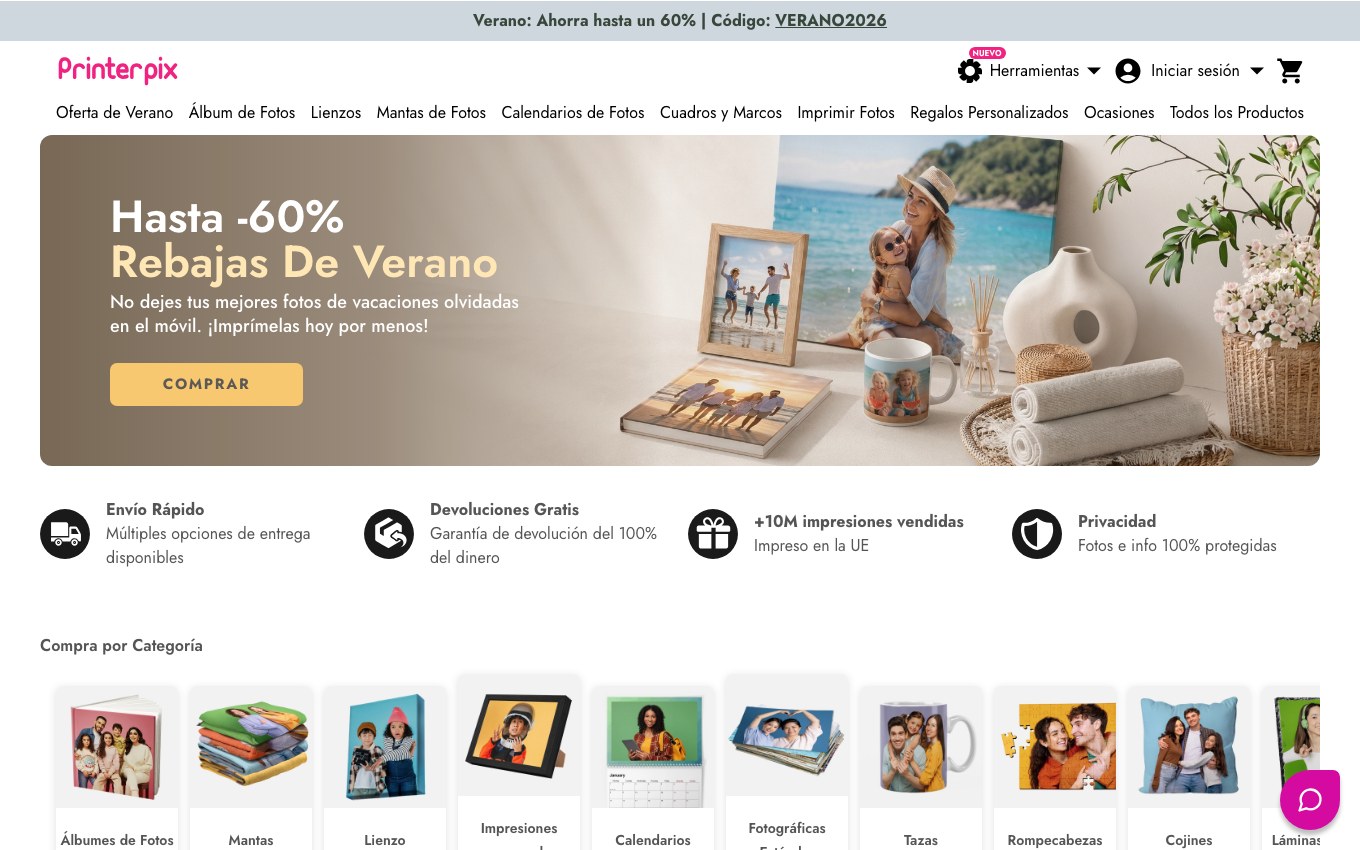 Captura de pantalla de la home de Printerpix