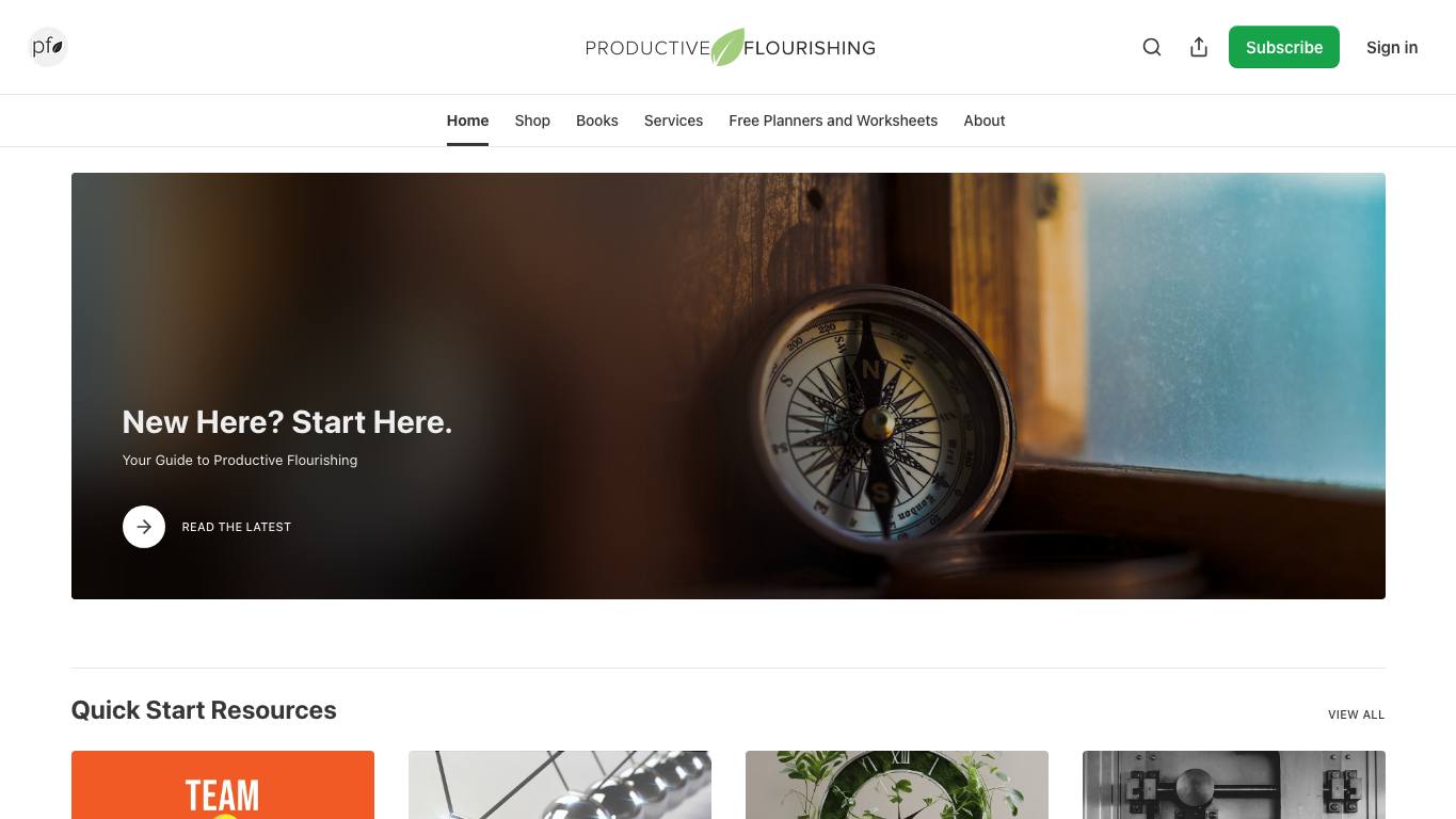 Captura de pantalla de la home de Productive Flourishing