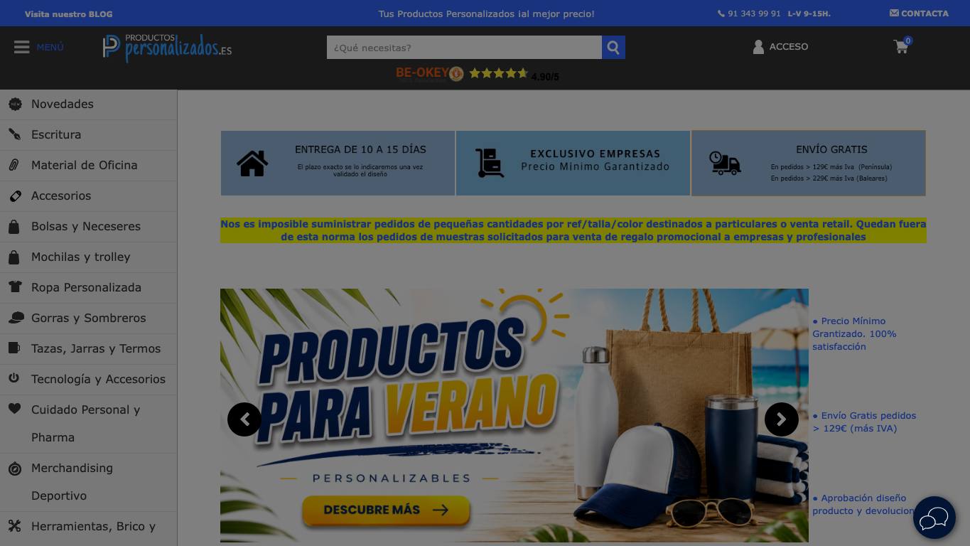 Captura de pantalla de la home de Productos Personalizados