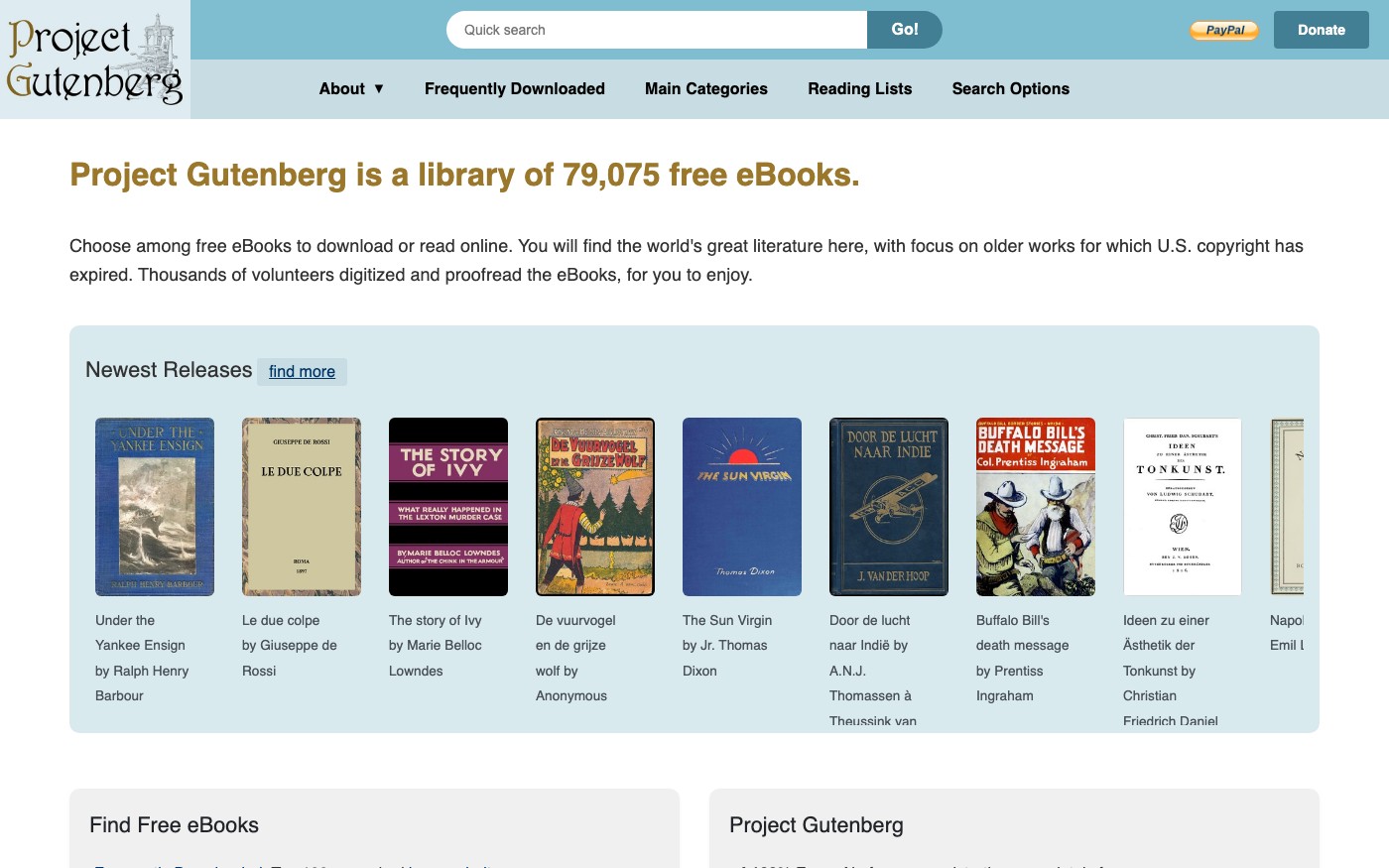 Captura limpia de la home oficial de Project Gutenberg