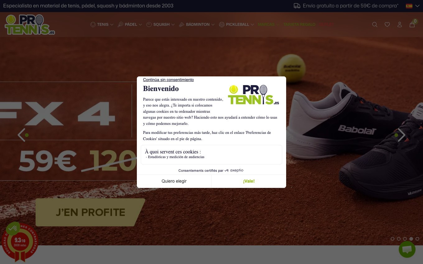 Captura de pantalla de la home de Protennis