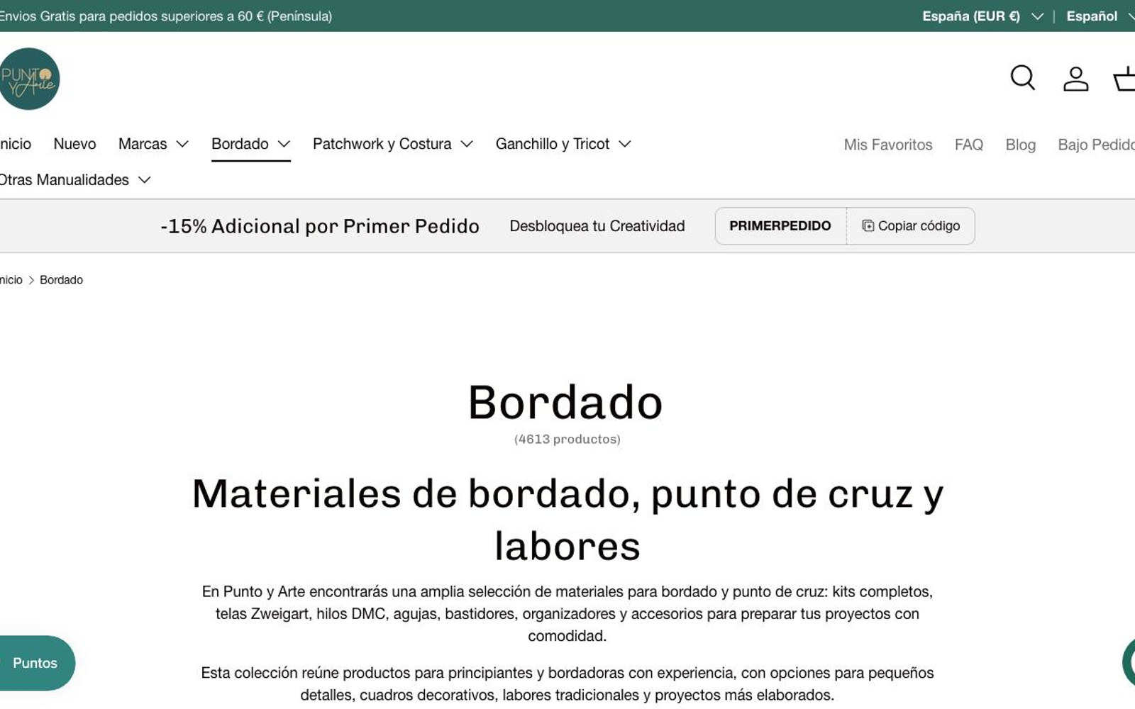 Captura de pantalla de la home de Punto y Arte