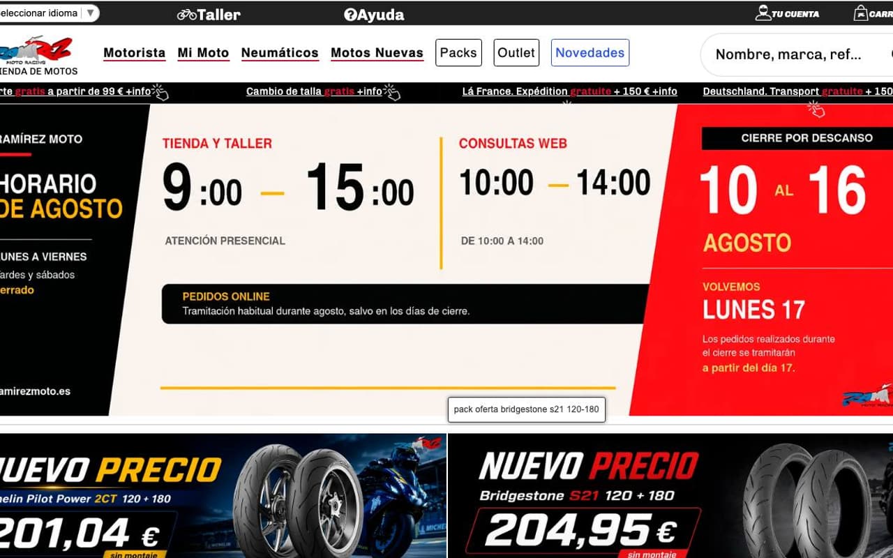 Captura de pantalla de la home de Ramirez Moto