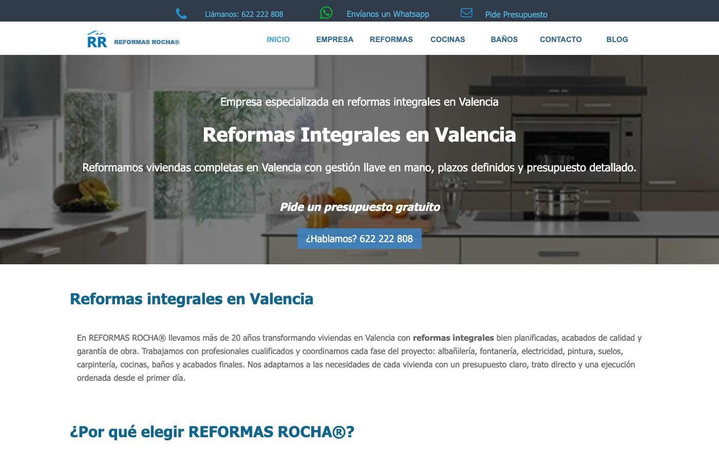 Captura de pantalla de la home de Reformas Rocha