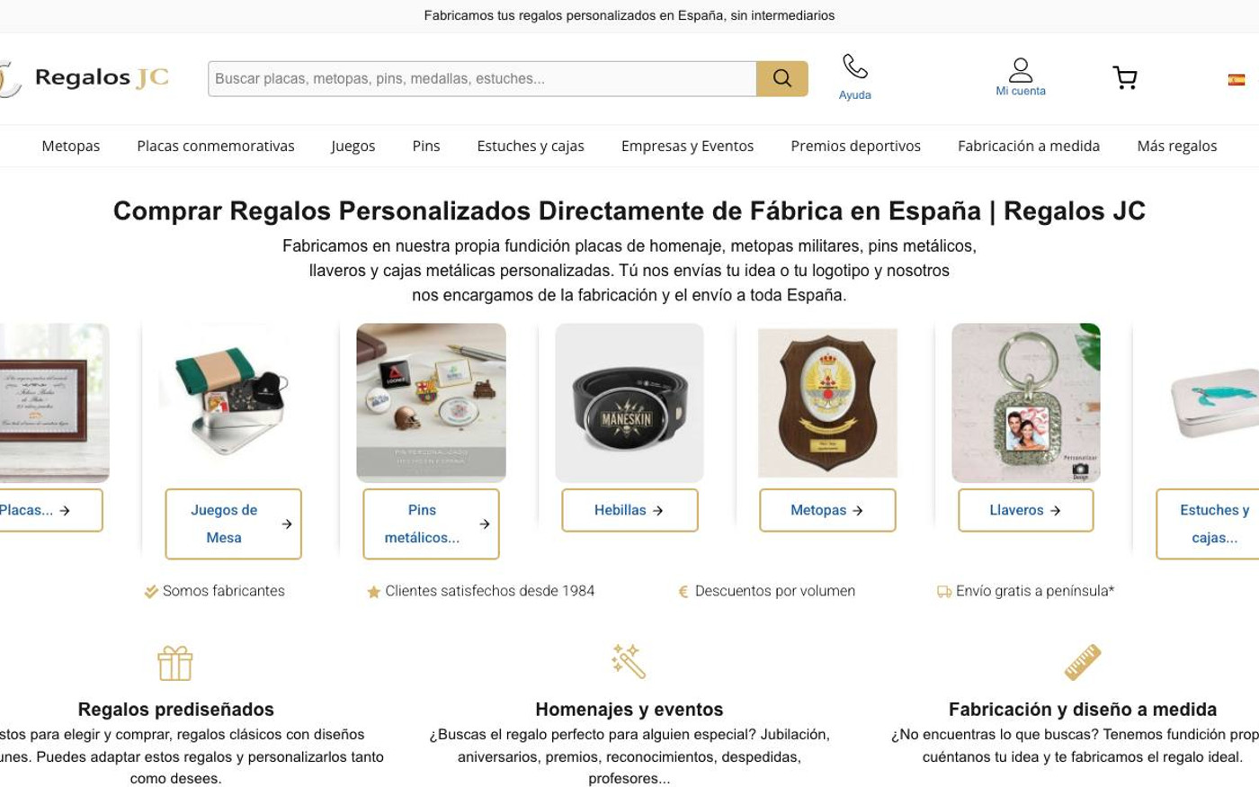 Captura de pantalla de la home de Regalos JC