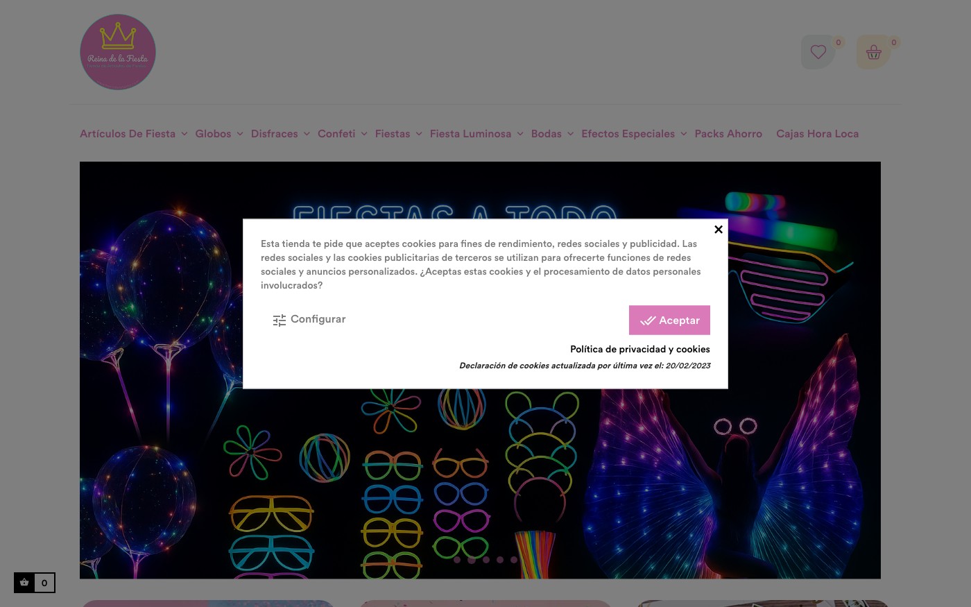 Captura de pantalla de la home de Reina de la Fiesta