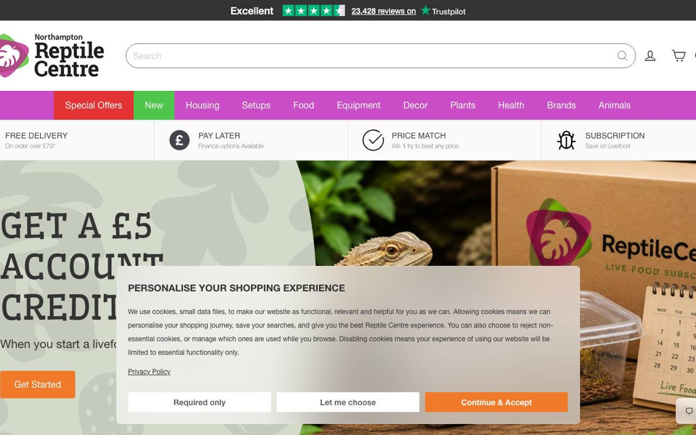 Captura de pantalla de la home de Reptile Centre
