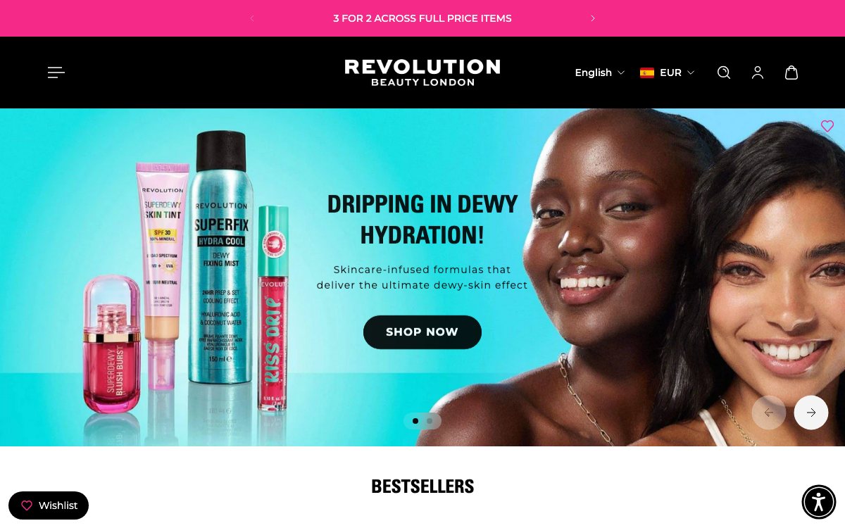 Captura real de la home de Revolution Beauty
