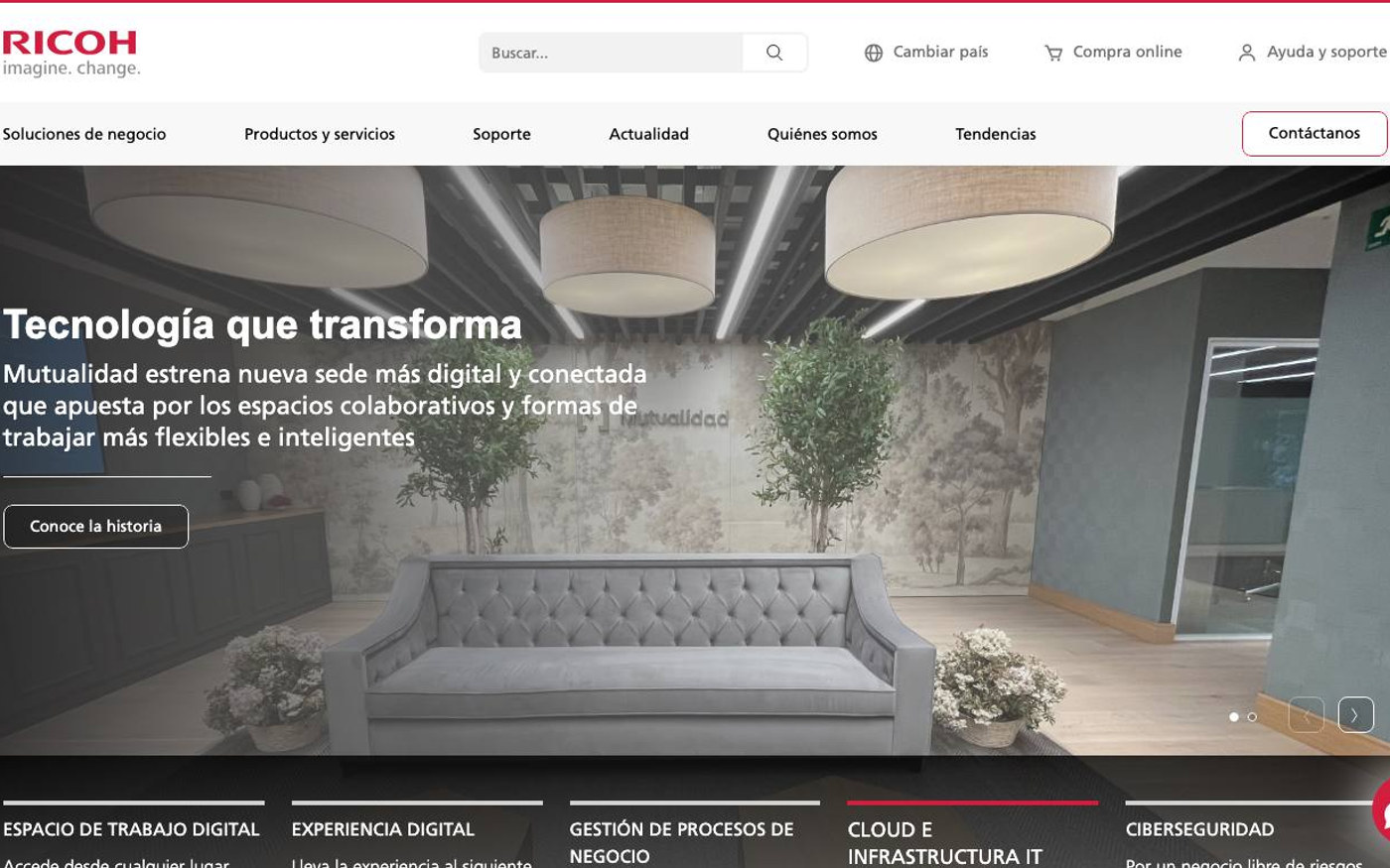 Captura limpia de la home oficial de Ricoh