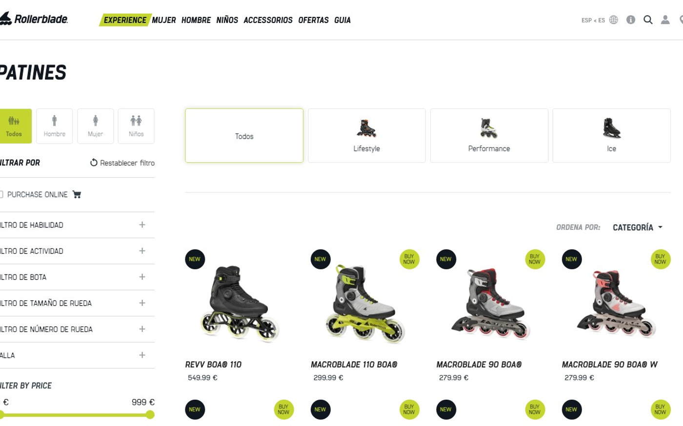 Captura de pantalla de la home de Rollerblade
