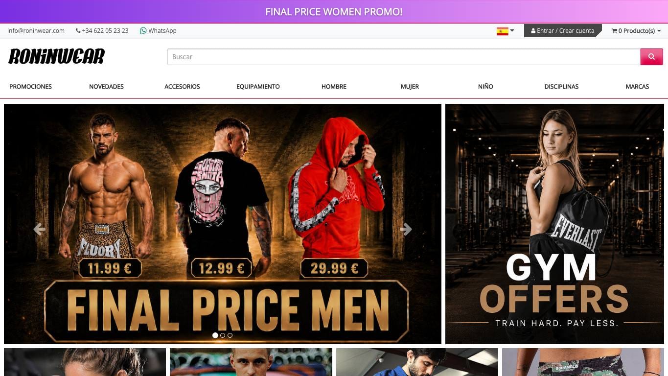 Captura de pantalla de la home de Roninwear