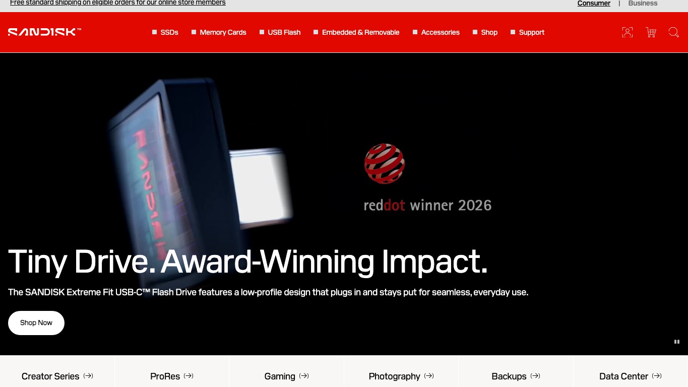 Captura limpia de la home oficial de SanDisk