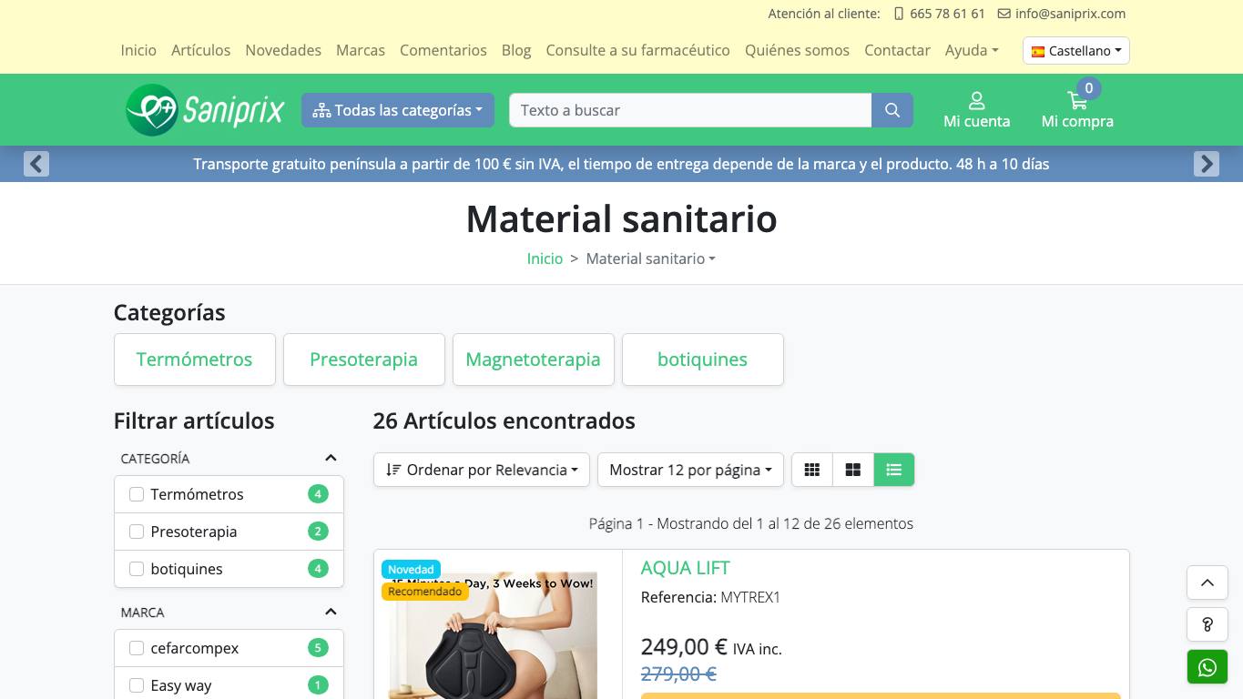 Captura limpia de la home de Saniprix