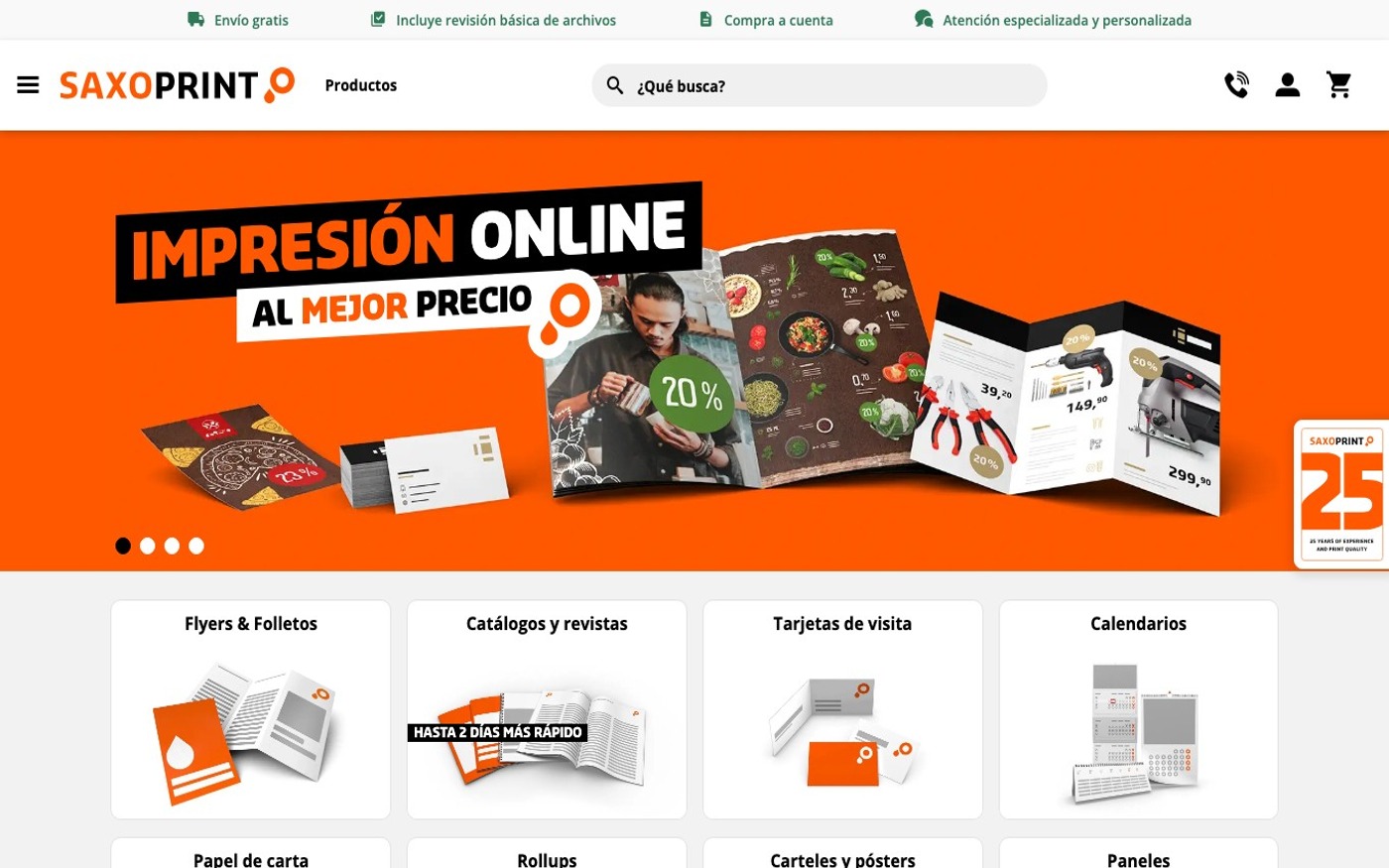 Captura de pantalla de la home de SAXOPRINT